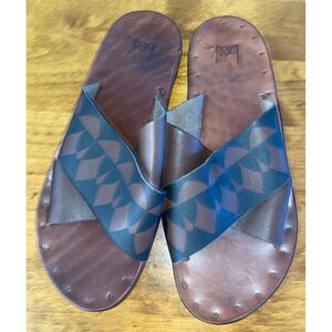 NWOT Beek Robin Leather Slide Sandals Brown Geometric Print Cross Strap Womens 8